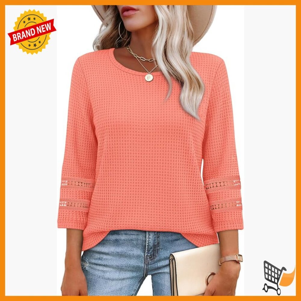Plus Size Lace Crochet Blouse 3/4 Sleeve Waffle Knit Dressy Casual Top